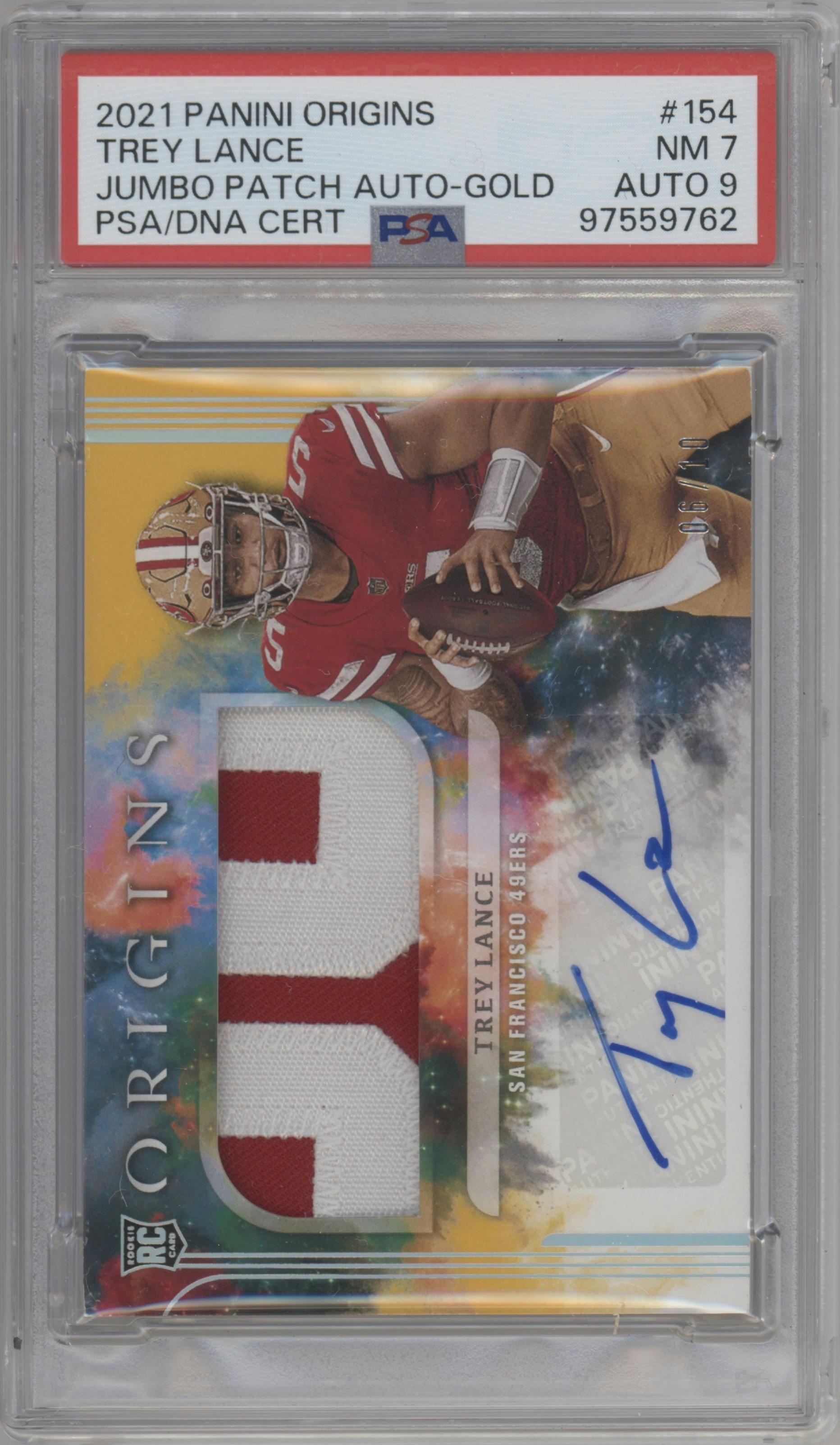 Trey Lance from the 2021 Panini Origins set featuring a Gold parallel graded by PSA and given an overall grade of 7.