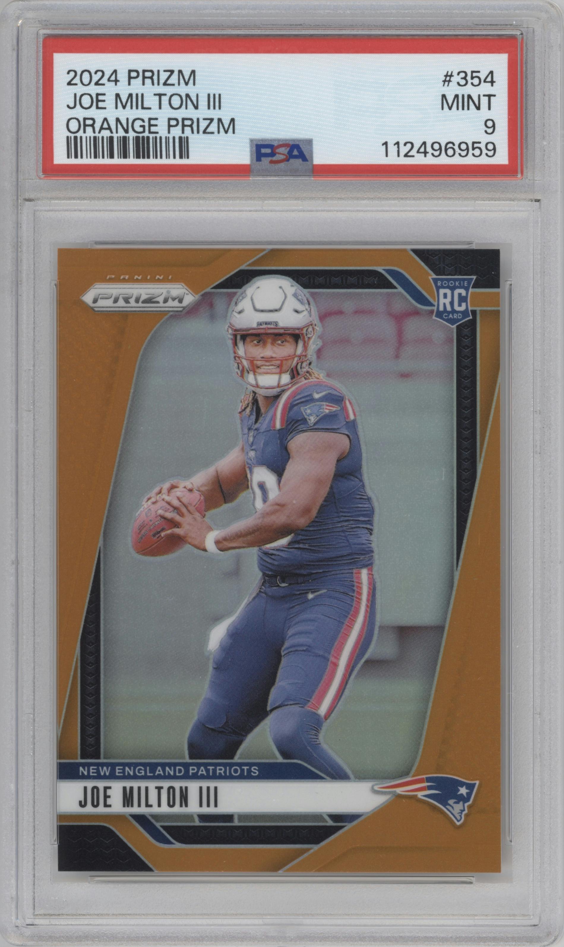 Joe Milton III from the 2024 Panini Prizm set featuring a Orange Prizm parallel graded by PSA and given an overall grade of 9.