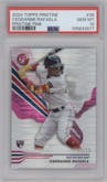 Ceddanne Rafaela from the 2024 Topps Pristine set featuring a Pink Pristine Pulsar Refractor parallel graded by PSA and given an overall grade of 10.