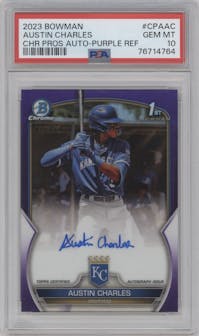 Austin Charles from the 2023 Bowman  set featuring a Purple Refractor  parallel graded by PSA and given an overall grade of 10.