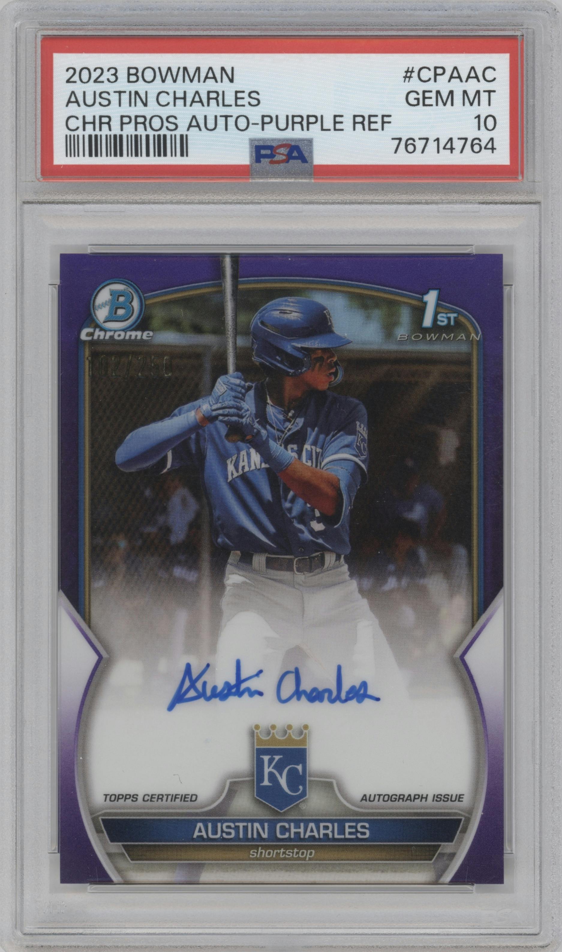Austin Charles from the 2023 Bowman  set featuring a Purple Refractor  parallel graded by PSA and given an overall grade of 10.