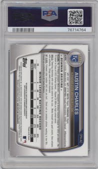 Austin Charles from the 2023 Bowman  set featuring a Purple Refractor  parallel graded by PSA and given an overall grade of 10.