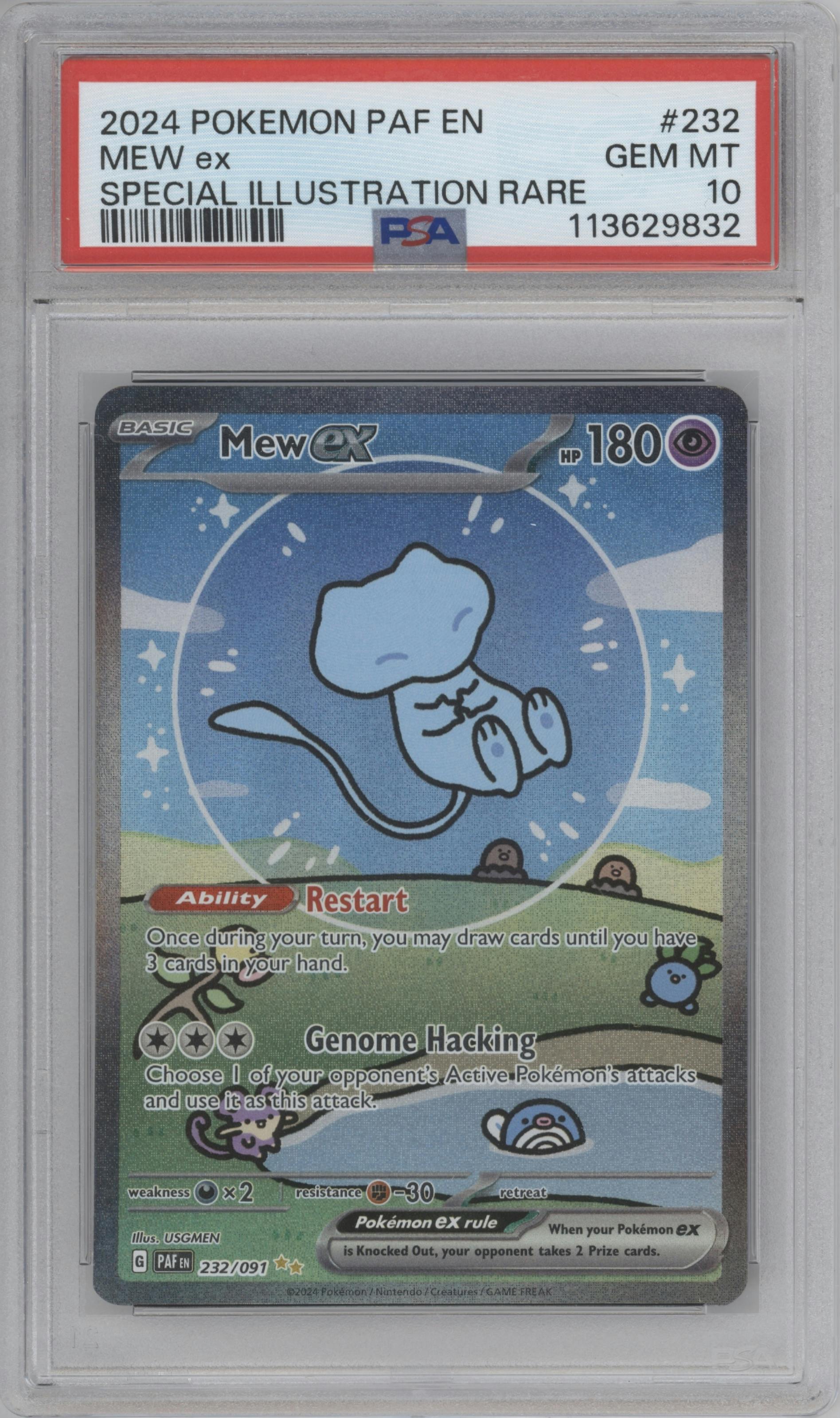Mew ex from the 2024 Pokemon SV set graded by PSA and given an overall grade of 10.