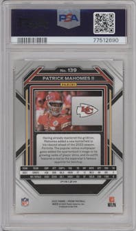 Patrick Mahomes II from the 2022 Panini Prizm set featuring a Orange Ice parallel graded by PSA and given an overall grade of 10.