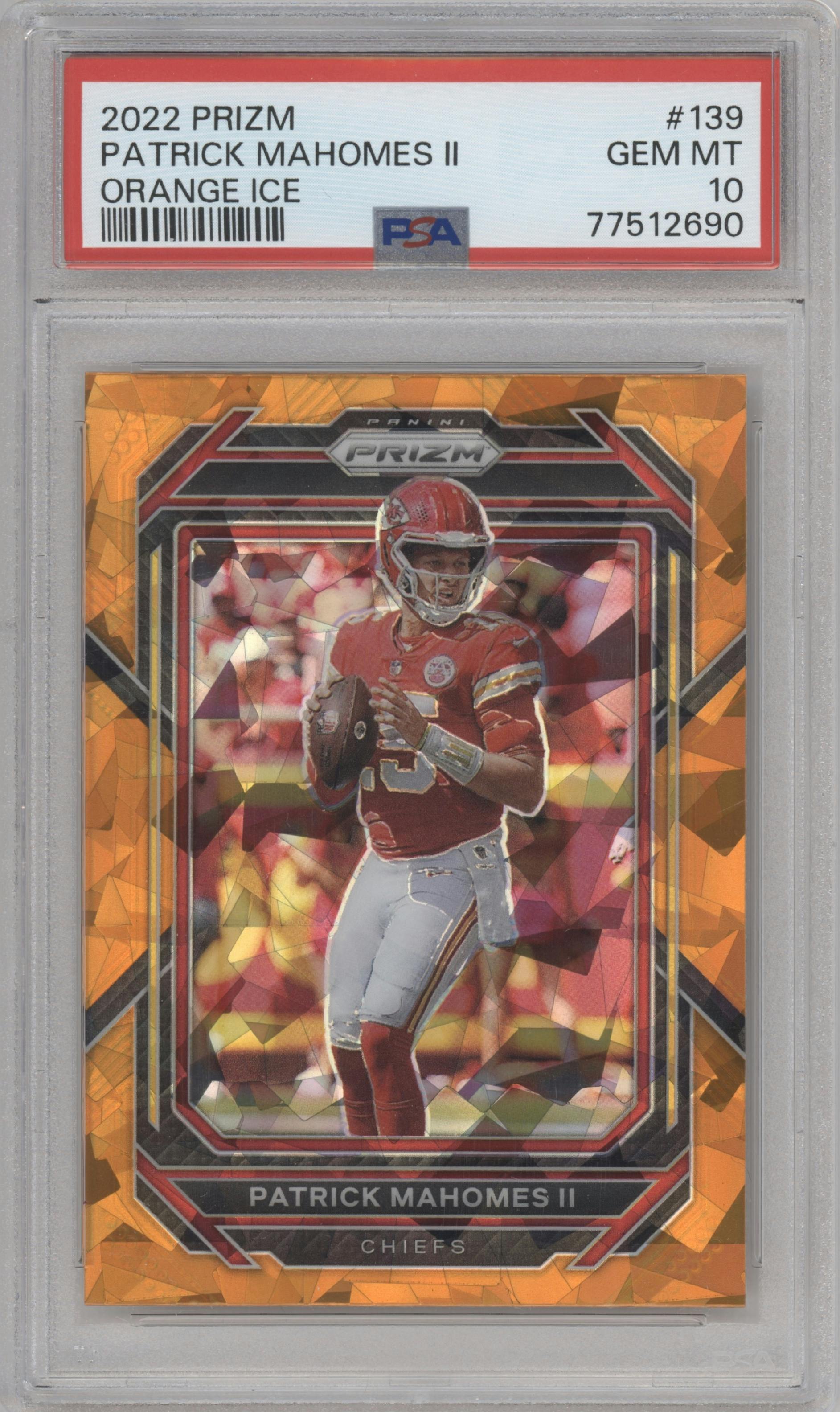 Patrick Mahomes II from the 2022 Panini Prizm set featuring a Orange Ice parallel graded by PSA and given an overall grade of 10.