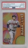 Austin Riley from the 2024 Topps Chrome set featuring a Orange Refractor parallel graded by PSA and given an overall grade of 10.