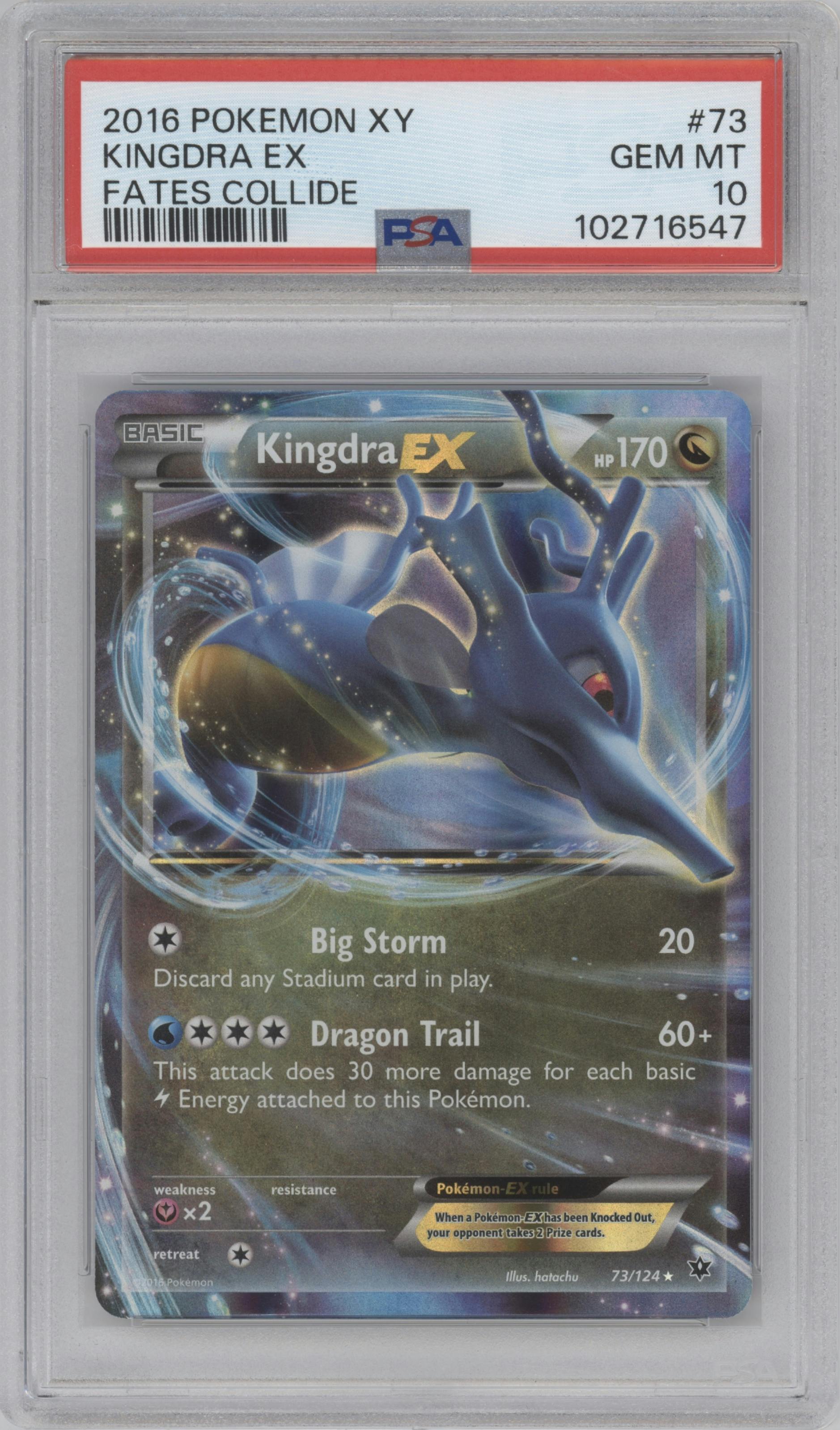 Kingdra EX from the 2016 Pokemon XY set graded by PSA and given an overall grade of 10.