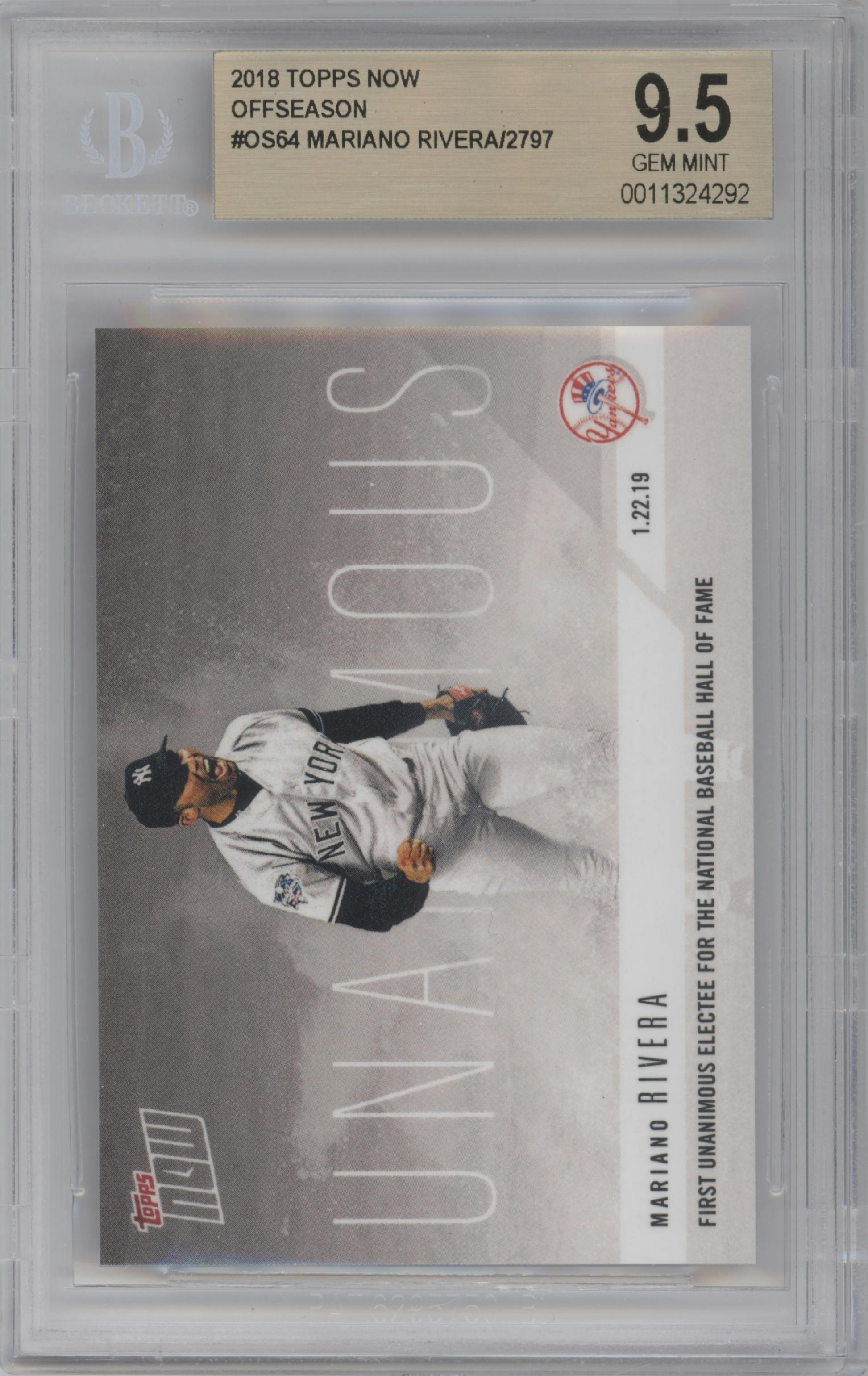 Mariano Rivera from the 2018-19 Topps Now Offseason set graded by Beckett and given an overall grade of 9.5.