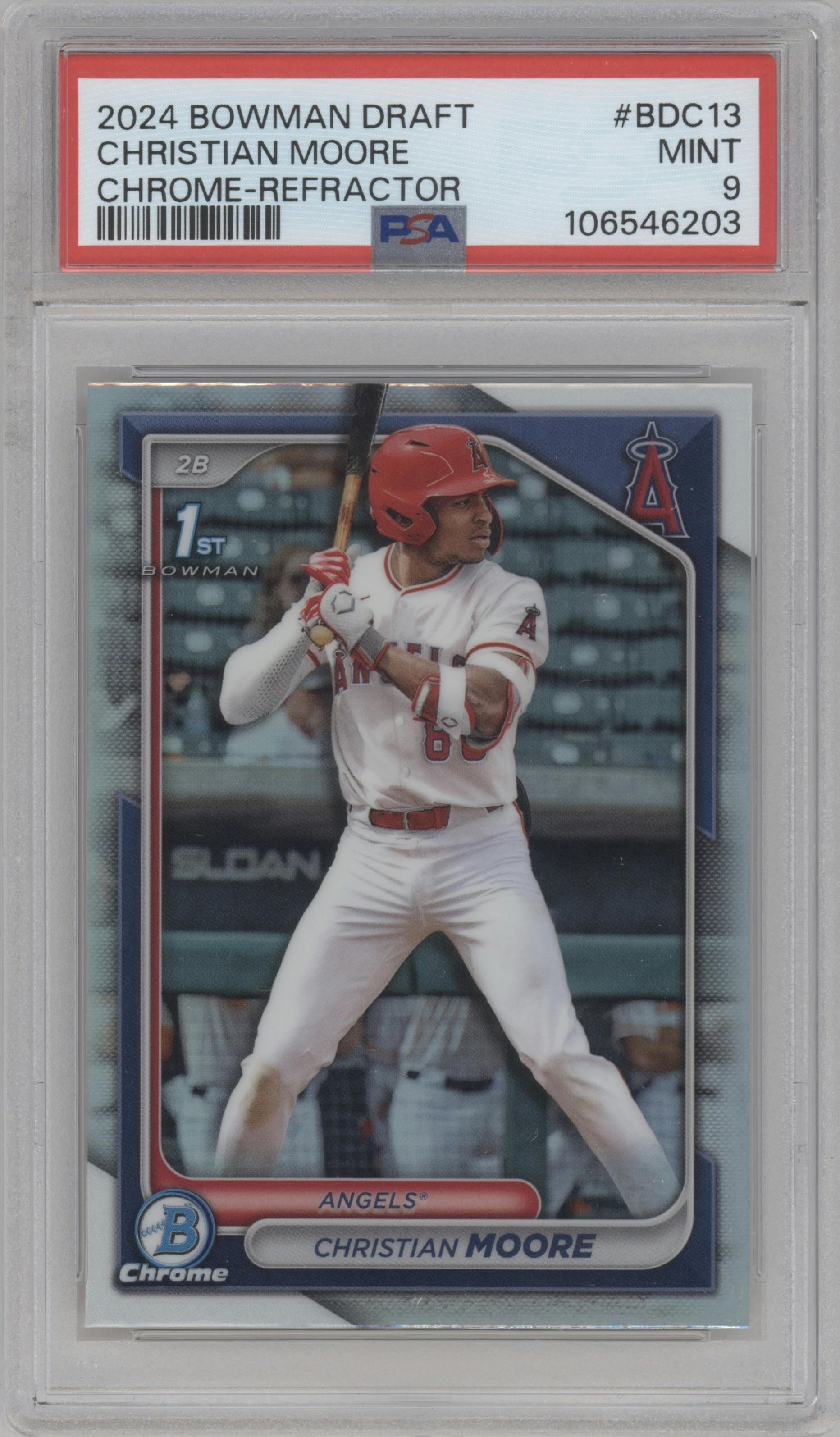 Christian Moore from the 2024 Bowman Draft set featuring a Refractor parallel graded by PSA and given an overall grade of 9.