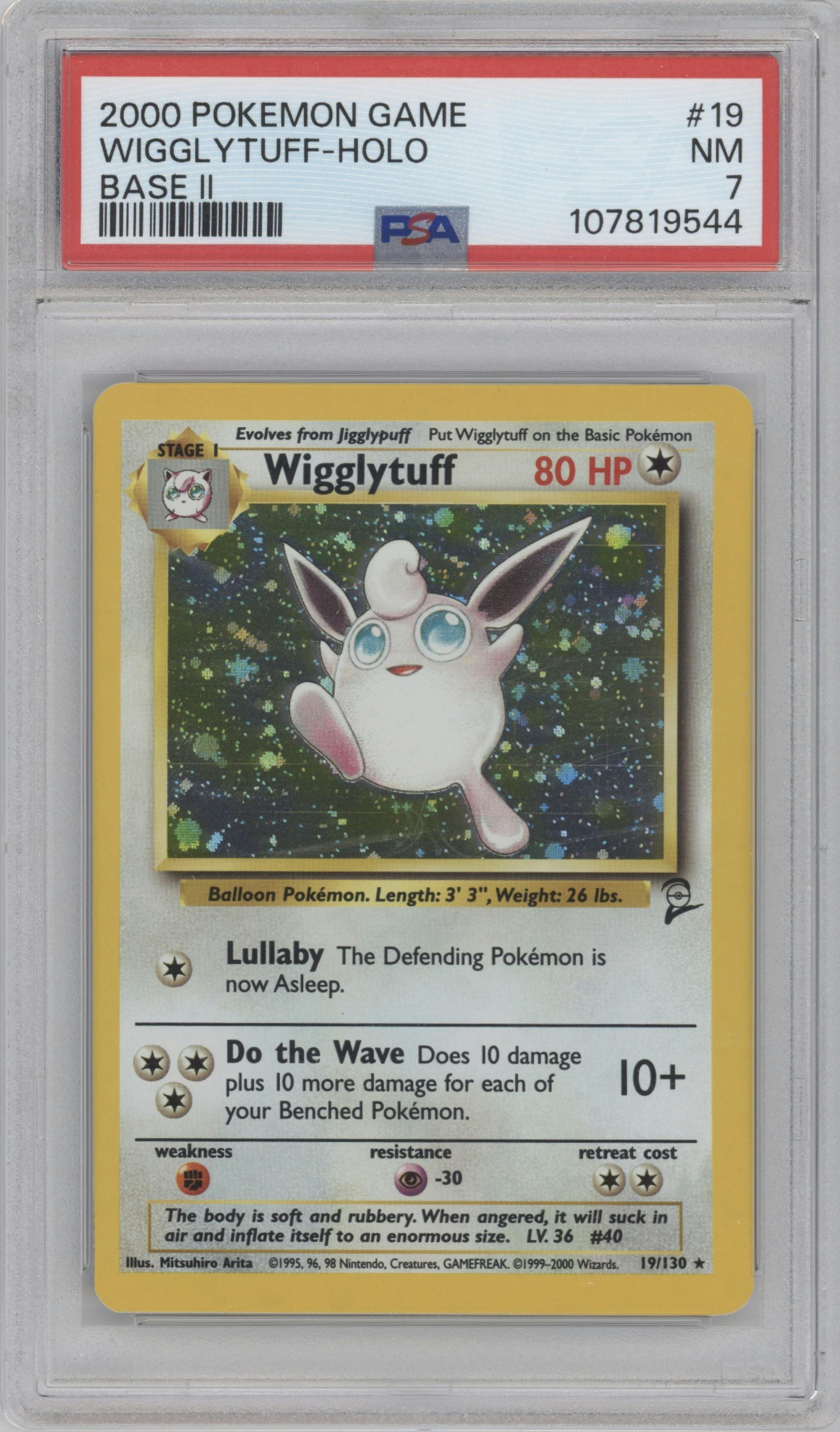 Wigglytuff from the 2000 Pokemon set graded by PSA and given an overall grade of 7.