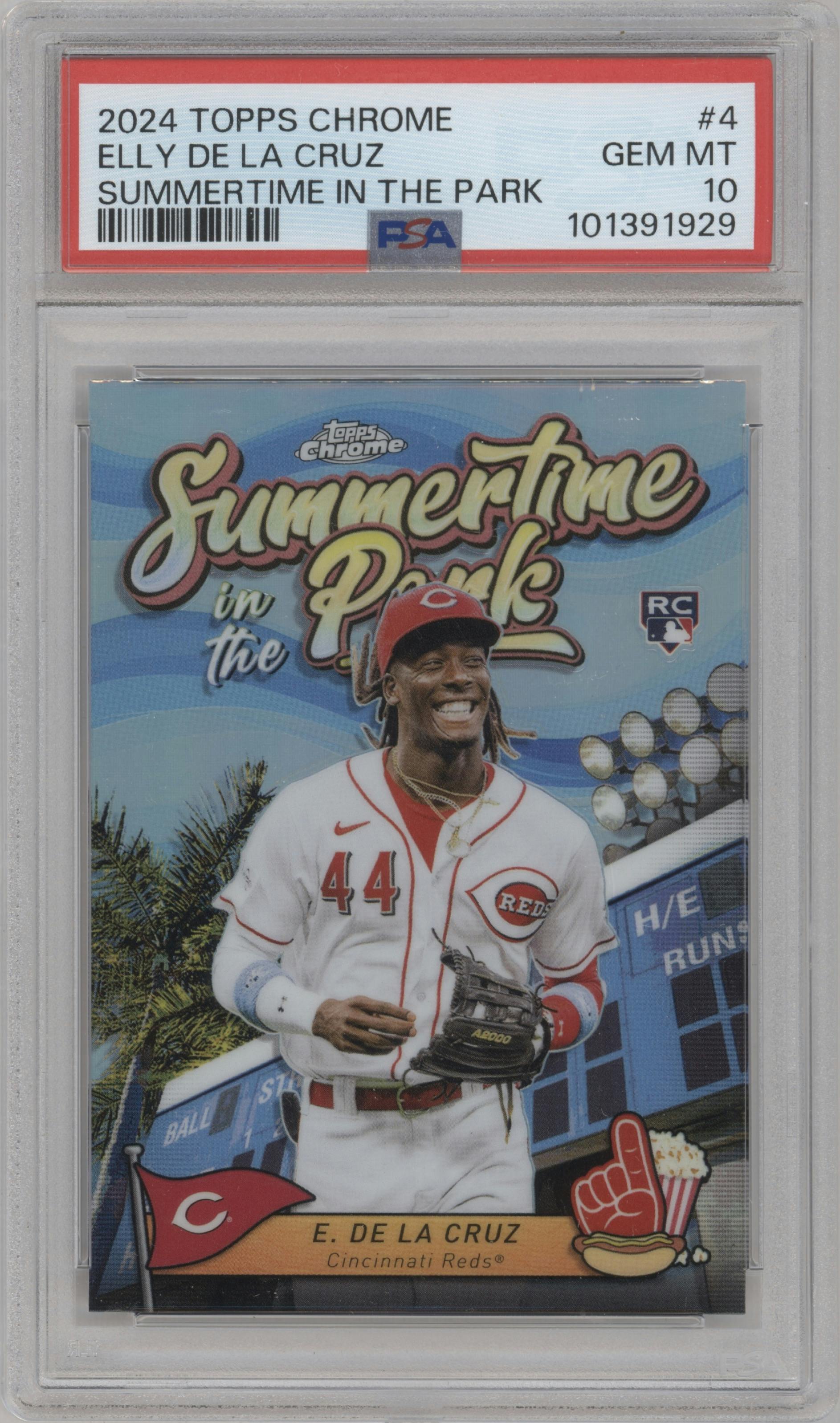 Elly De La Cruz from the 2024 Topps Chrome set graded by PSA and given an overall grade of 10.