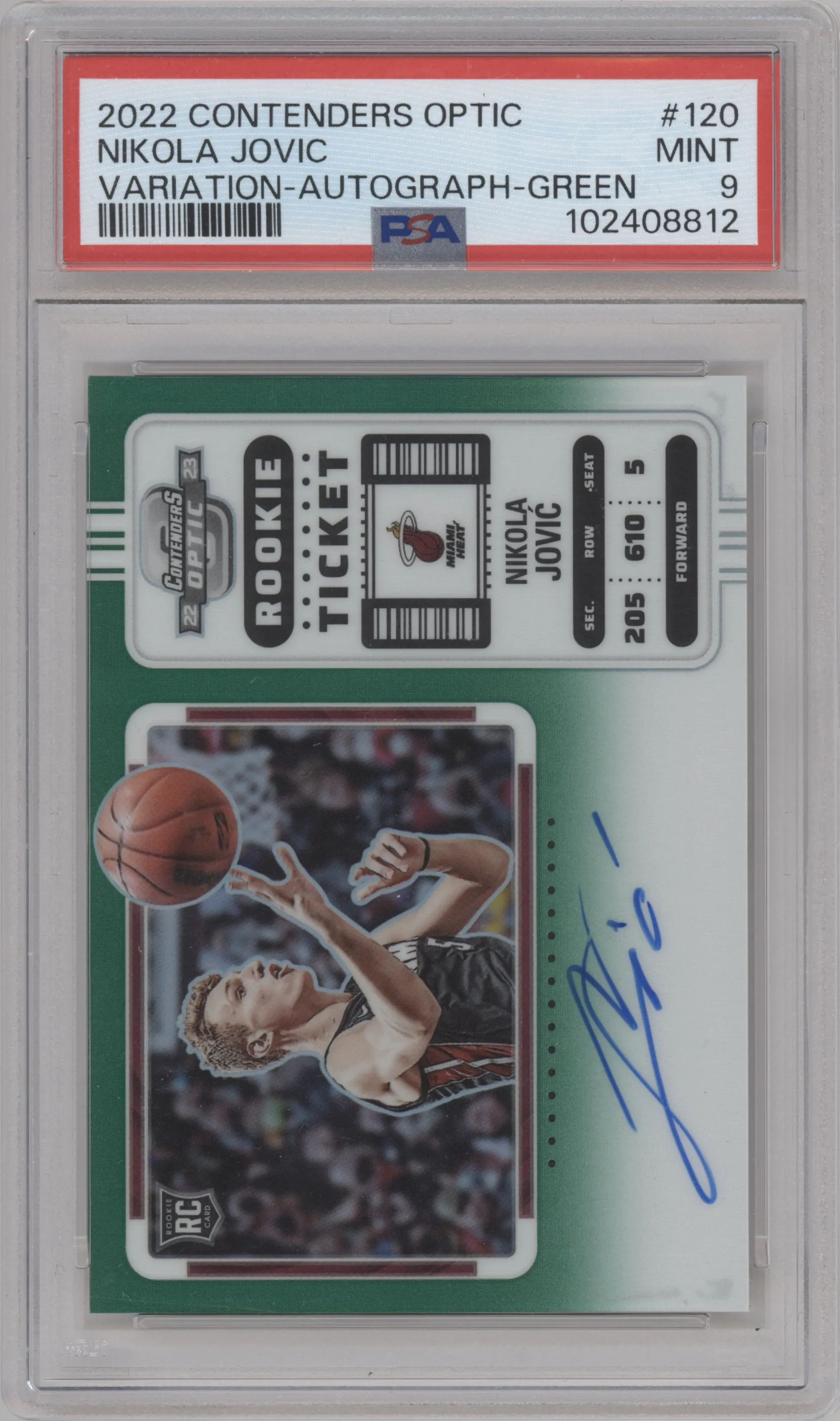 2022 Panini Contenders Optic Rke.Tkt.Auto.Var. Nikola Jovic Green #120 PSA 9