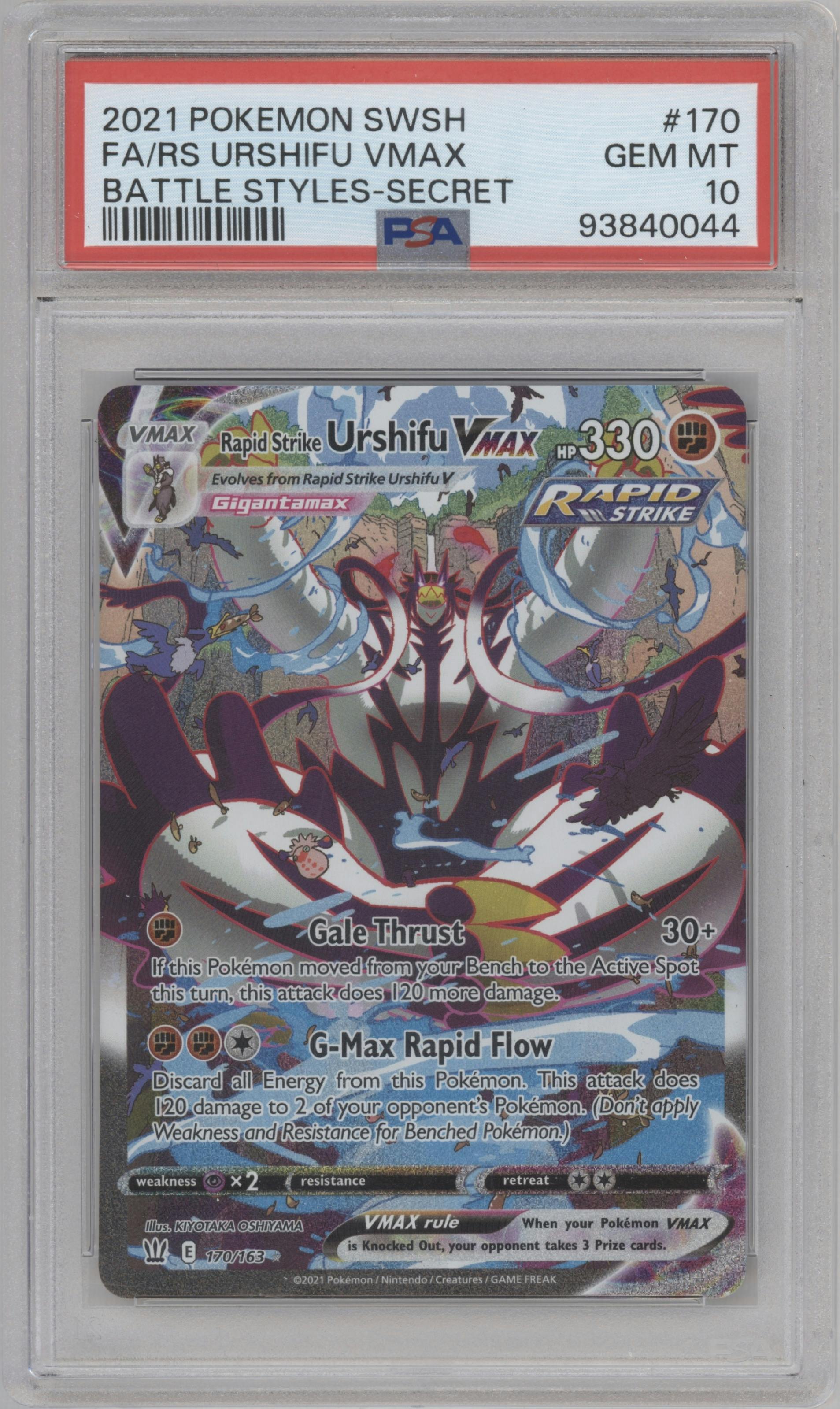 RS Urshifu VMAX from the 2021 Pokemon SWSH set graded by PSA and given an overall grade of 10.