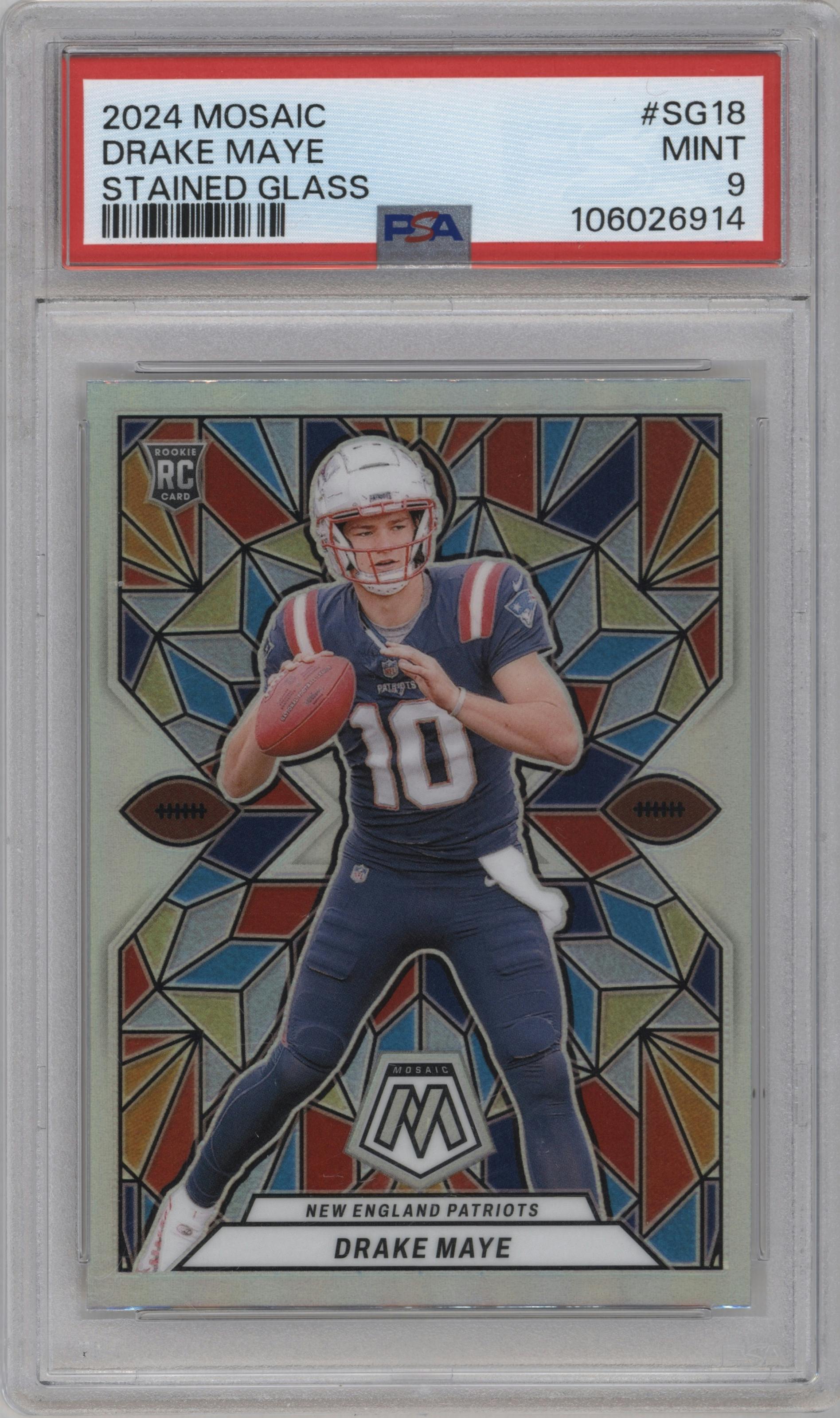 Drake Maye from the 2024 Panini Mosaic set graded by PSA and given an overall grade of 9.