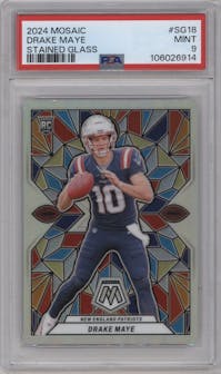 Drake Maye from the 2024 Panini Mosaic set graded by PSA and given an overall grade of 9.