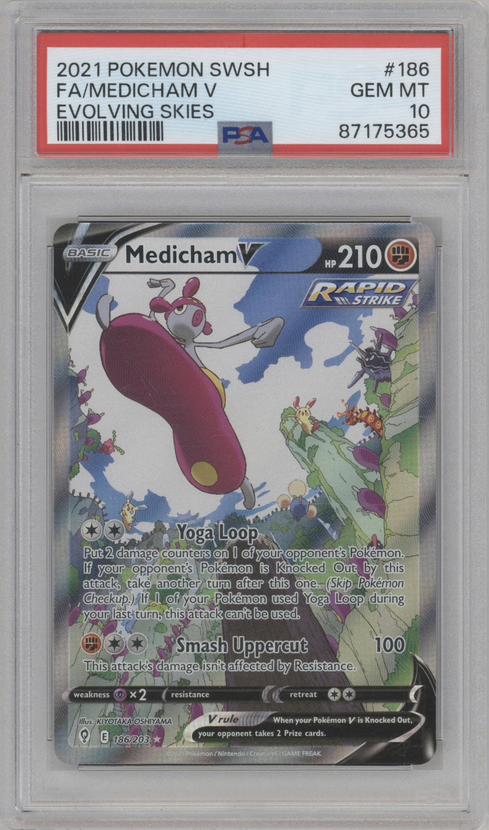Medicham V from the 2021 Pokemon SWSH set graded by PSA and given an overall grade of 10.