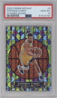Stephen Curry from the 2020-21 Panini Mosaic set graded by PSA and given an overall grade of 10.