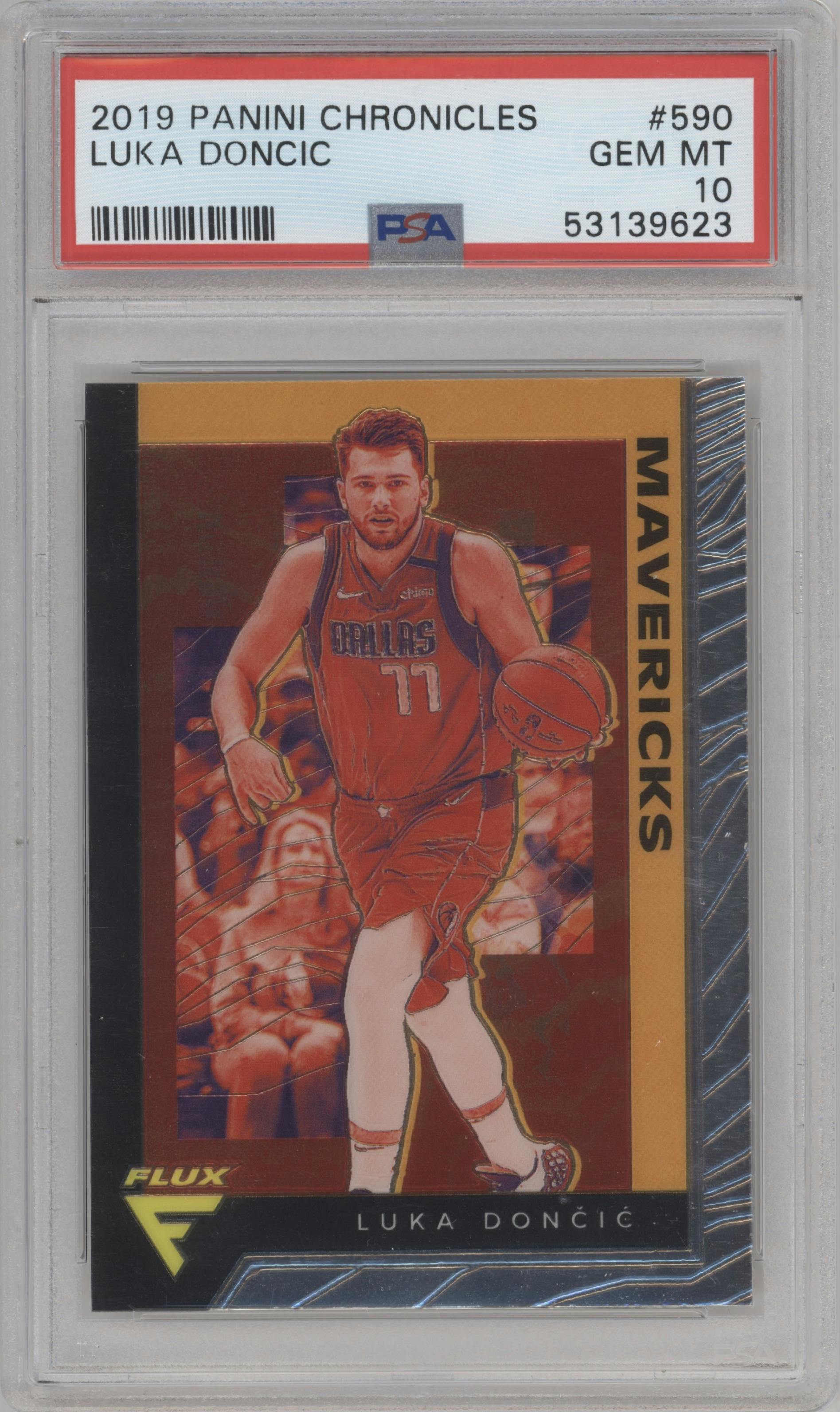 Luka Doncic from the 2019-20 Panini Chronicles  set graded by PSA and given an overall grade of 10.