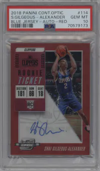 Shai Gilgeous-Alexander from the 2018-19 Panini Contenders Optic set featuring a Red parallel graded by PSA and given an overall grade of 10.