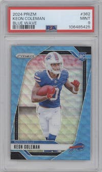 Keon Coleman from the 2024 Panini Prizm set featuring a Blue Wave Prizm parallel graded by PSA and given an overall grade of 9.