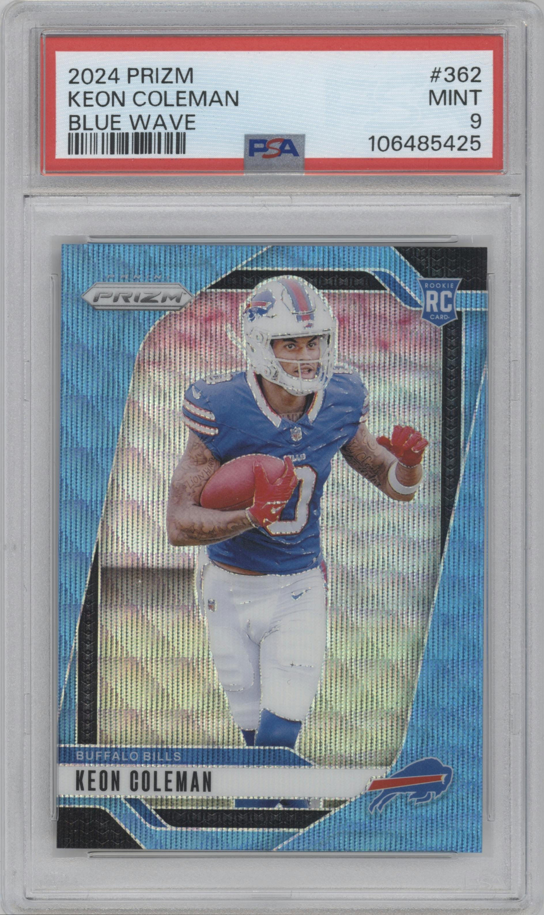 Keon Coleman from the 2024 Panini Prizm set featuring a Blue Wave Prizm parallel graded by PSA and given an overall grade of 9.
