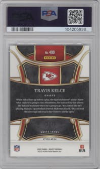 Travis Kelce from the 2023 Panini Select set featuring a Dragon Scale parallel graded by PSA and given an overall grade of 10.