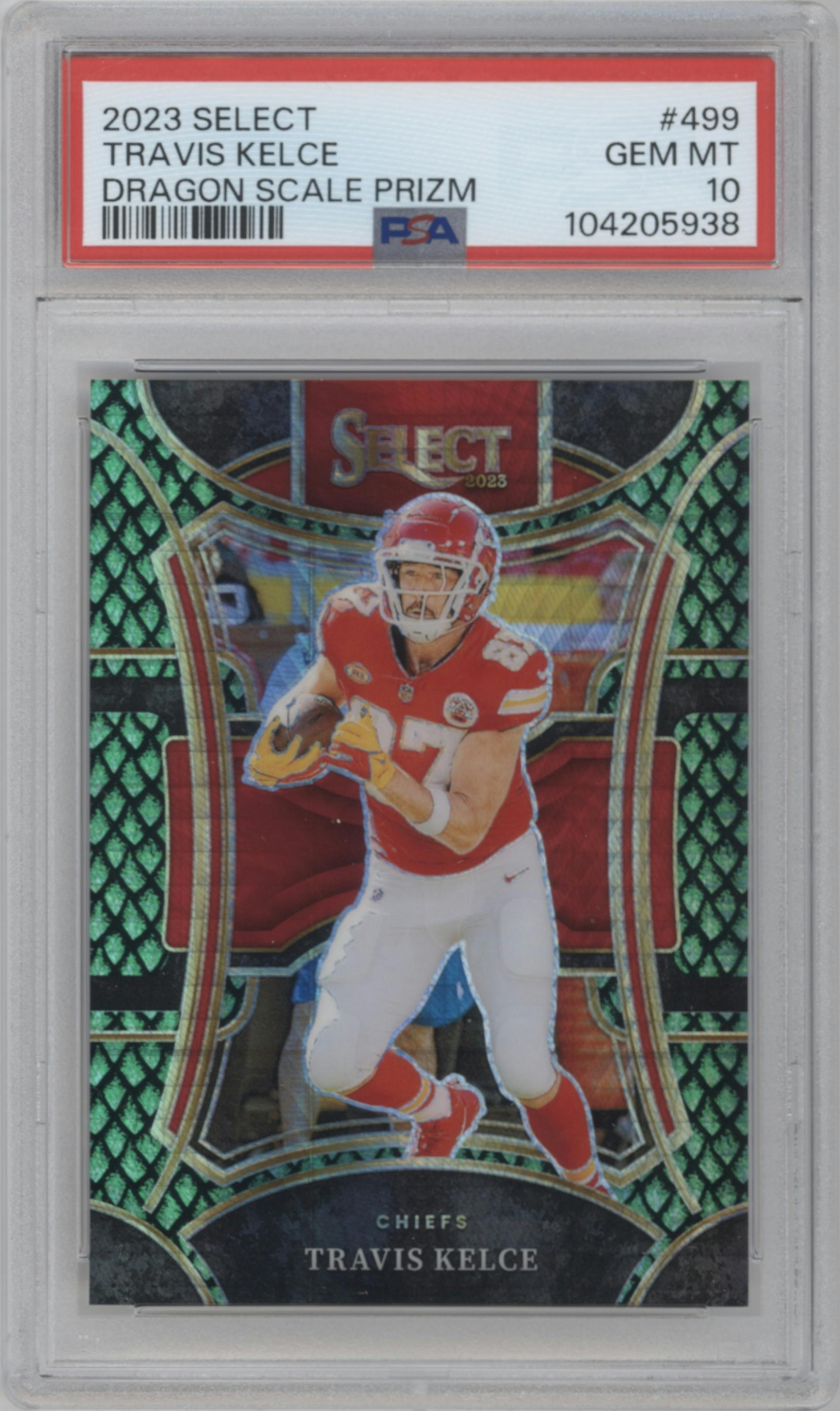 Travis Kelce from the 2023 Panini Select set featuring a Dragon Scale parallel graded by PSA and given an overall grade of 10.
