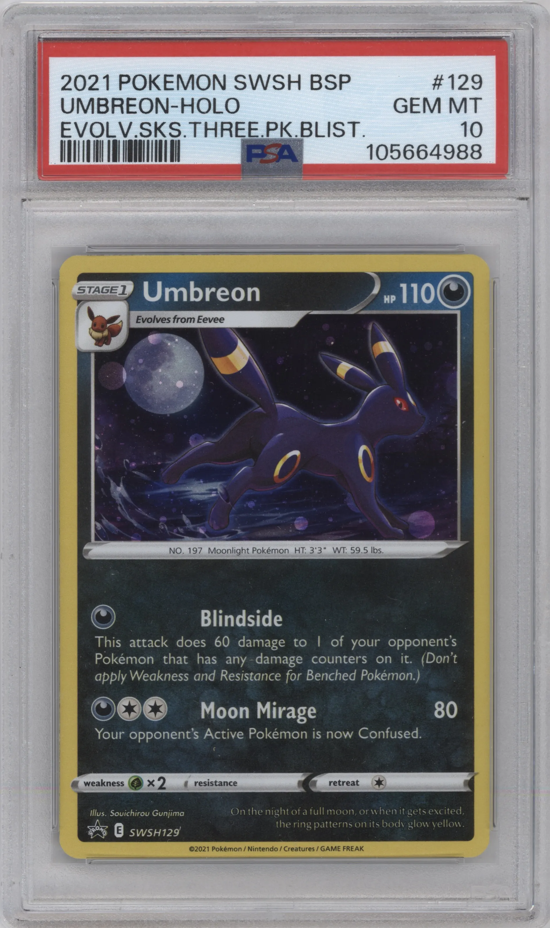 Umbreon from the 2021 Pokemon SWSH set featuring a Evolving Skies 3-Pack Blisters parallel graded by PSA and given an overall grade of 10.