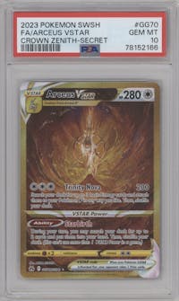 Arceus VSTAR from the 2023 Pokemon SWSH set graded by PSA and given an overall grade of 10.