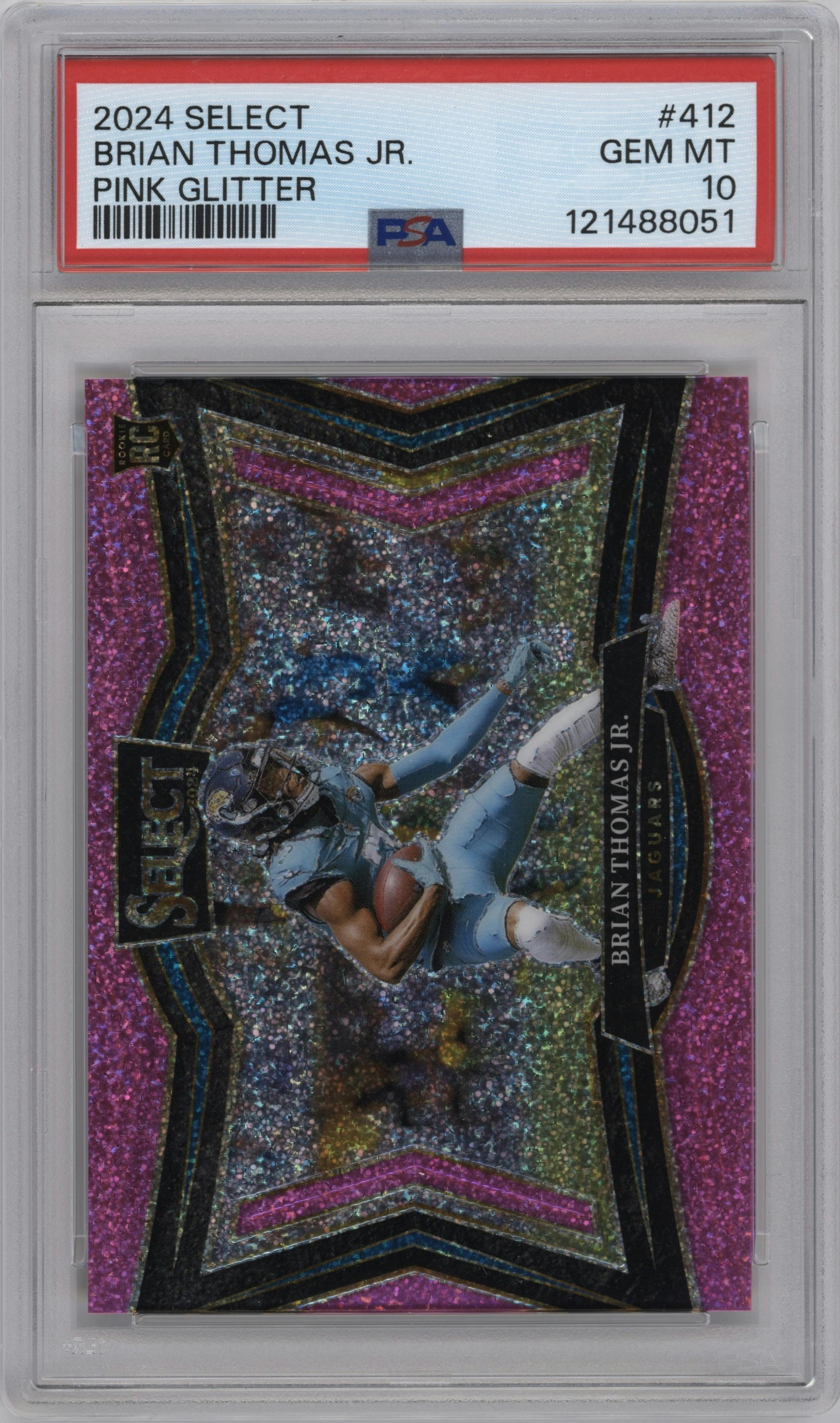 Brian Thomas Jr. from the 2024 Panini Select set featuring a Pink Glitter parallel graded by PSA and given an overall grade of 10.