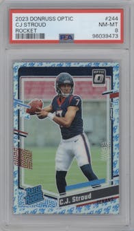 C.J. Stroud from the 2023 Donruss Optic set featuring a Rocket parallel graded by PSA and given an overall grade of 8.