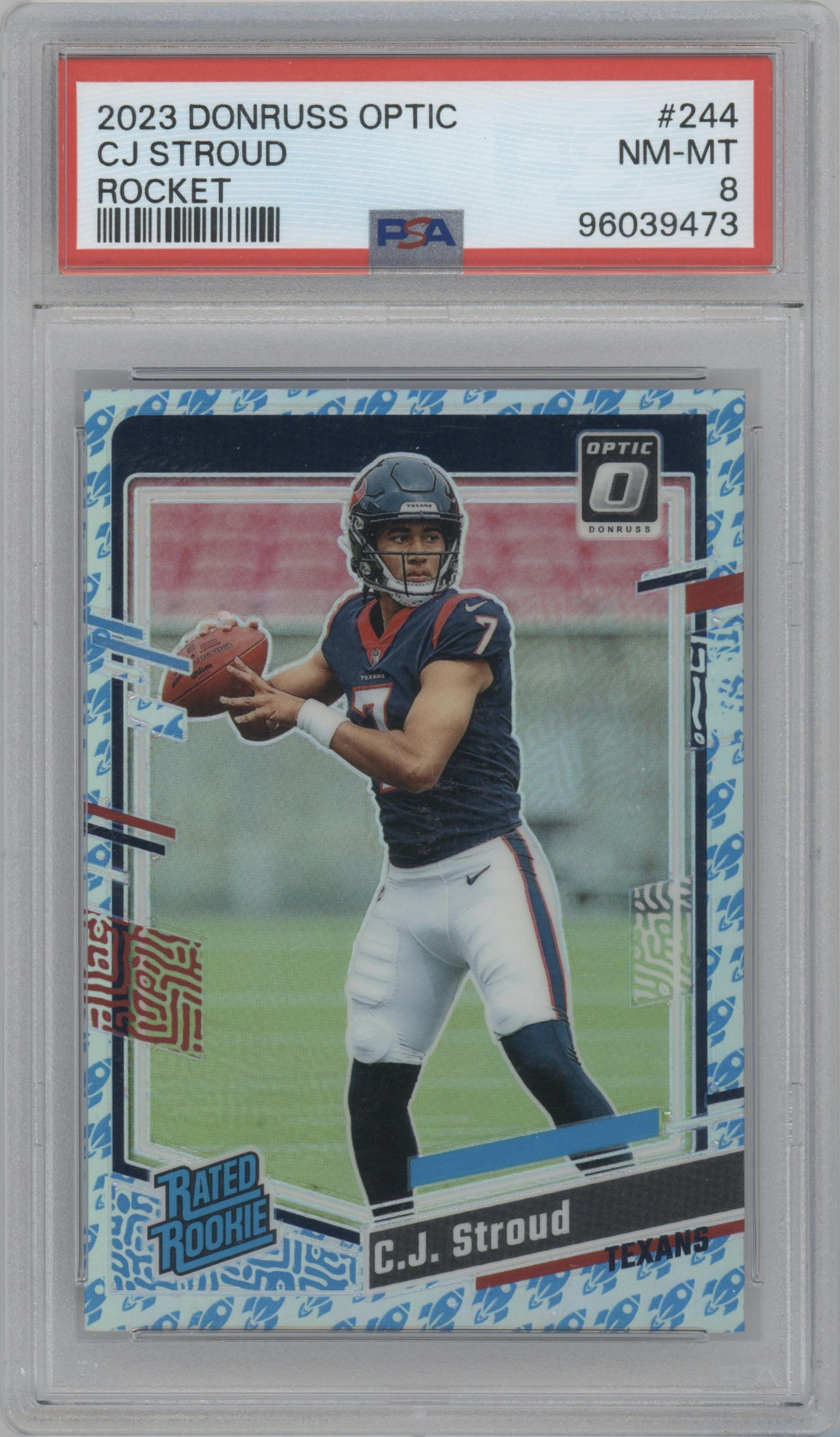 C.J. Stroud from the 2023 Donruss Optic set featuring a Rocket parallel graded by PSA and given an overall grade of 8.