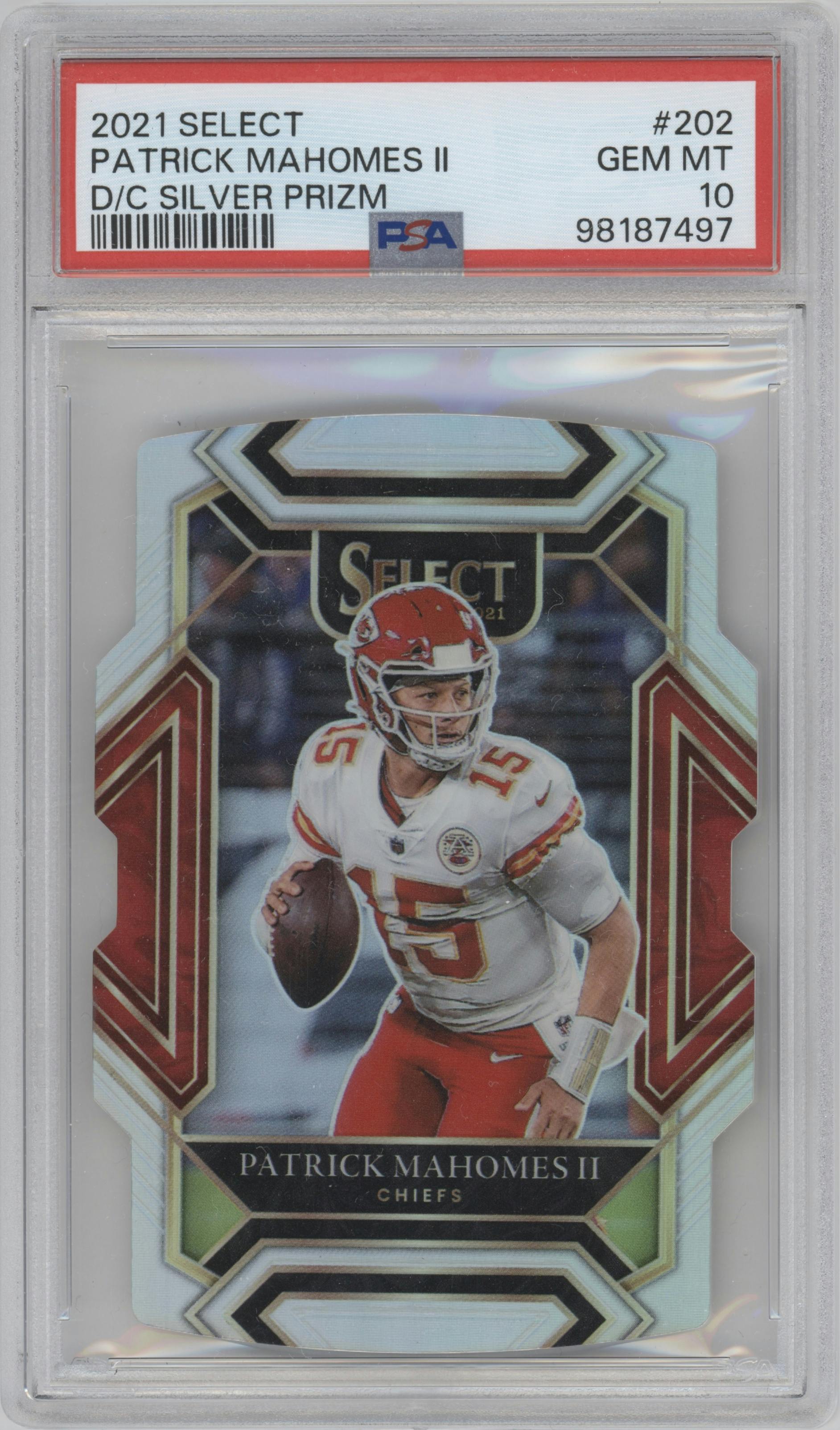 Patrick Mahomes II  from the 2021 Panini Select set featuring a Die-Cut Silver parallel graded by PSA and given an overall grade of 10.