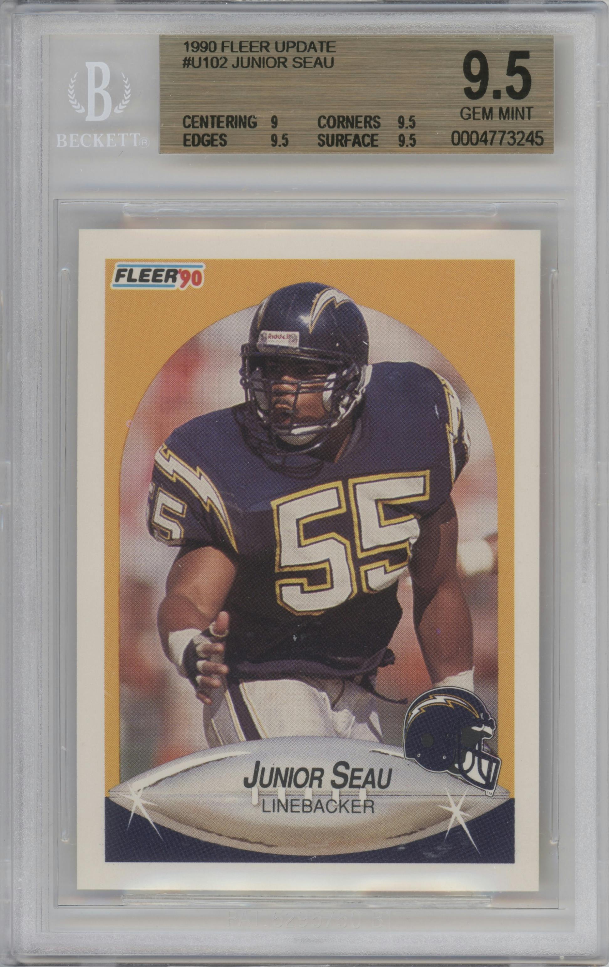 Junior Seau from the 1990 Fleer Update set graded by Beckett and given an overall grade of 9.5.
