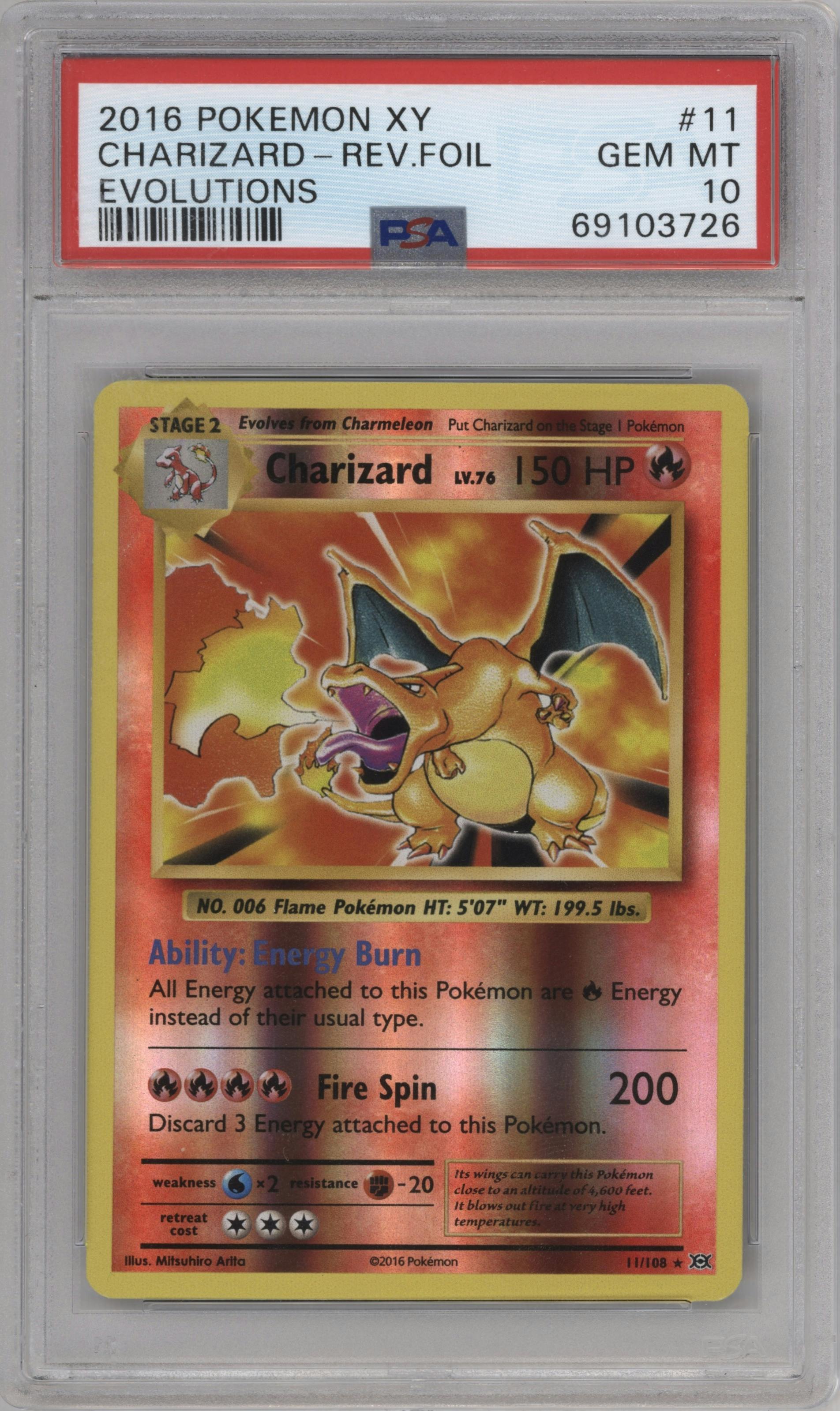 Charizard  from the 2016 Pokemon XY set graded by PSA and given an overall grade of 10.