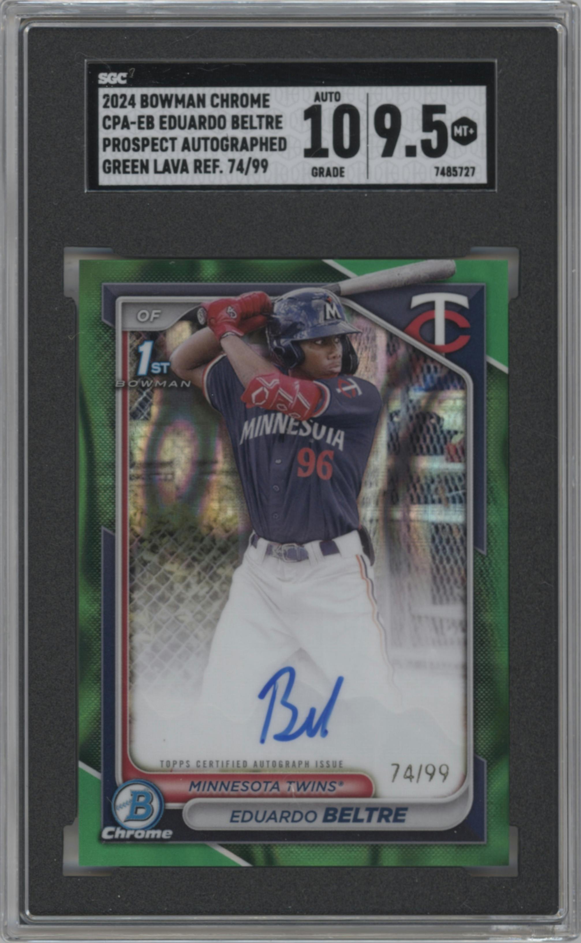 Eduardo Beltre from the 2024 Bowman Chrome set featuring a Green Lava Refractors parallel graded by SGC and given an overall grade of 9.5.