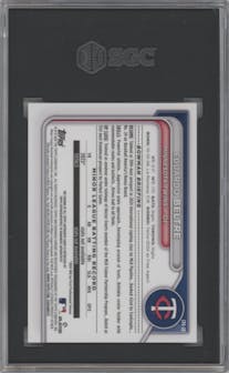Eduardo Beltre from the 2024 Bowman Chrome set featuring a Green Lava Refractors parallel graded by SGC and given an overall grade of 9.5.