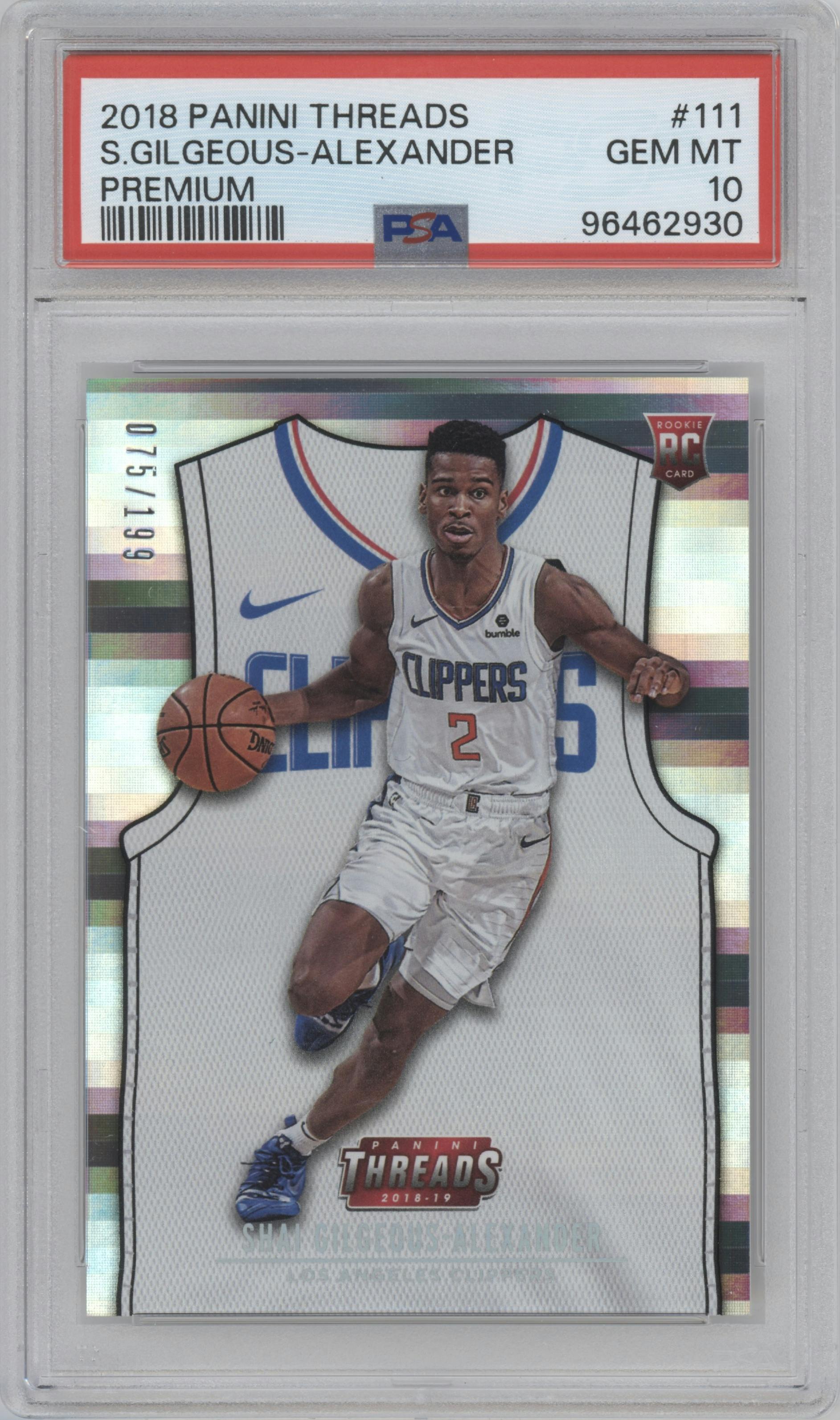 Shai Gilgeous-Alexander from the 2018-19 Panini Threads  set featuring a Premium parallel graded by PSA and given an overall grade of 10.