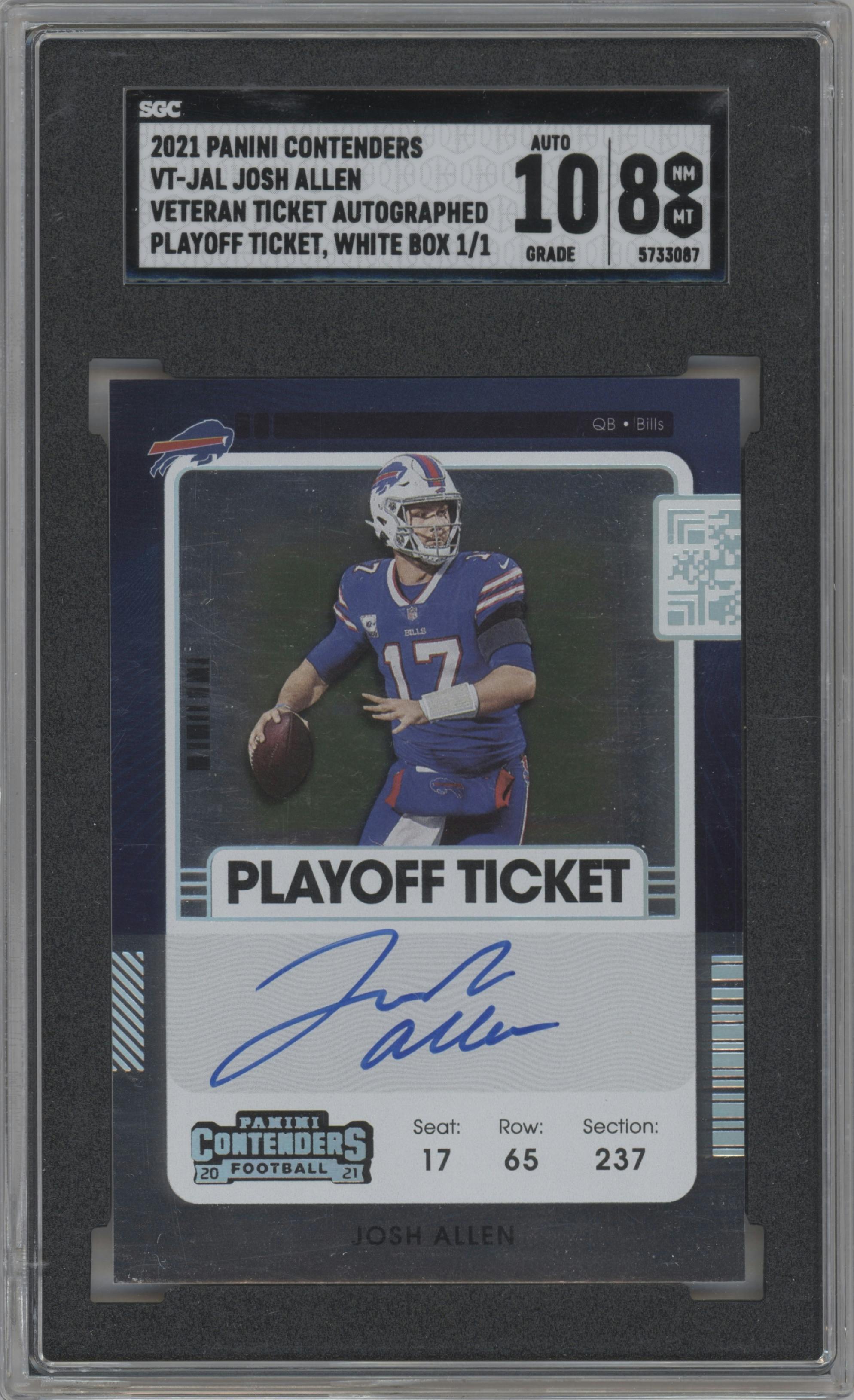 Josh Allen from the 2021 Panini Contenders   set featuring a White Box parallel graded by SGC and given an overall grade of 8.