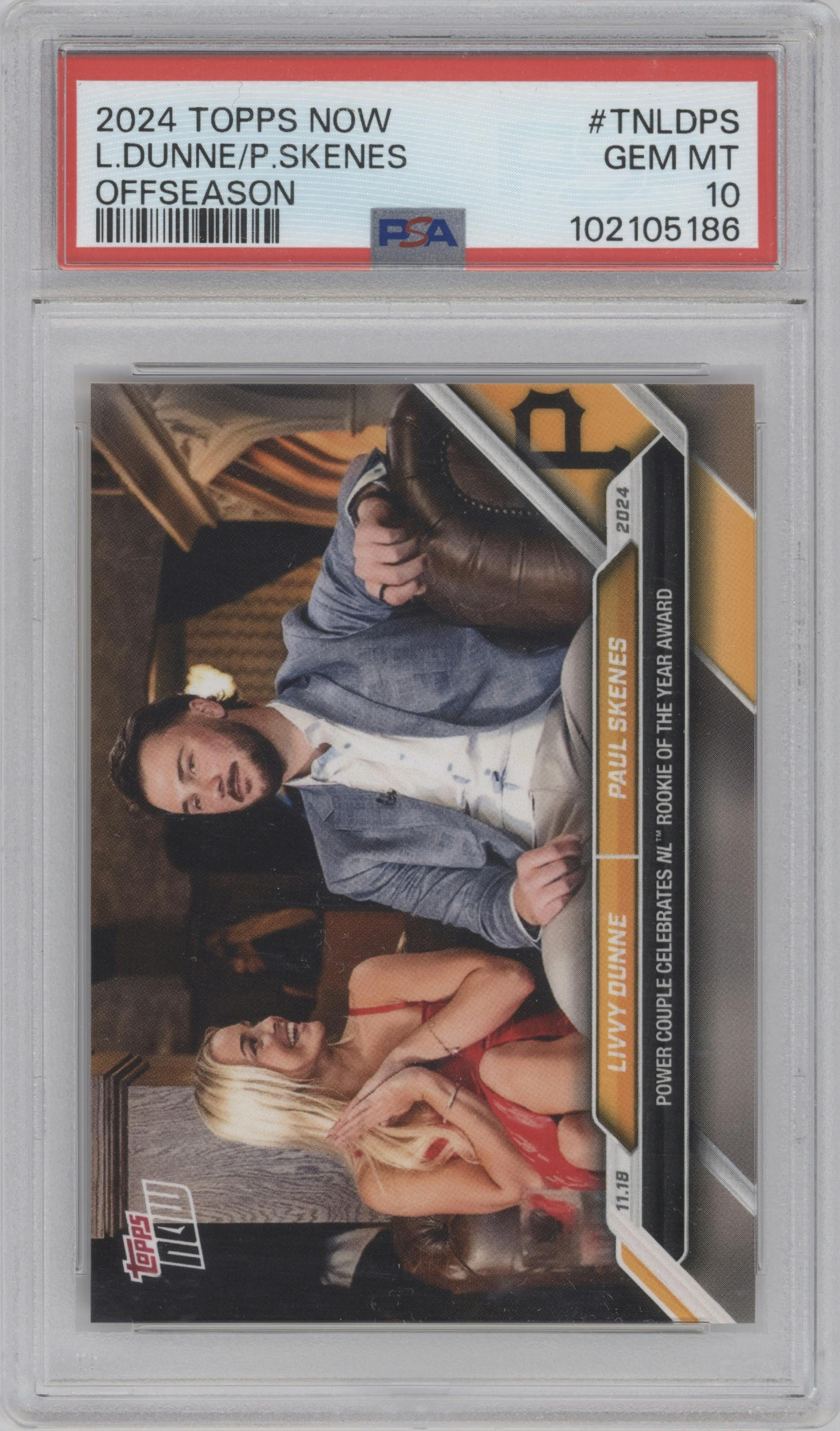 Livvy Dunne/Paul Skenes  from the 2024-25 Topps Now Off-Season set graded by PSA and given an overall grade of 10.