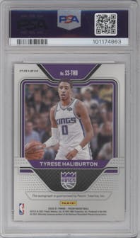 Tyrese Haliburton from the 2020-21 Panini Prizm set featuring a Choice parallel graded by PSA and given an overall grade of 10.
