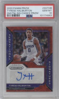 Tyrese Haliburton from the 2020-21 Panini Prizm set featuring a Choice parallel graded by PSA and given an overall grade of 10.