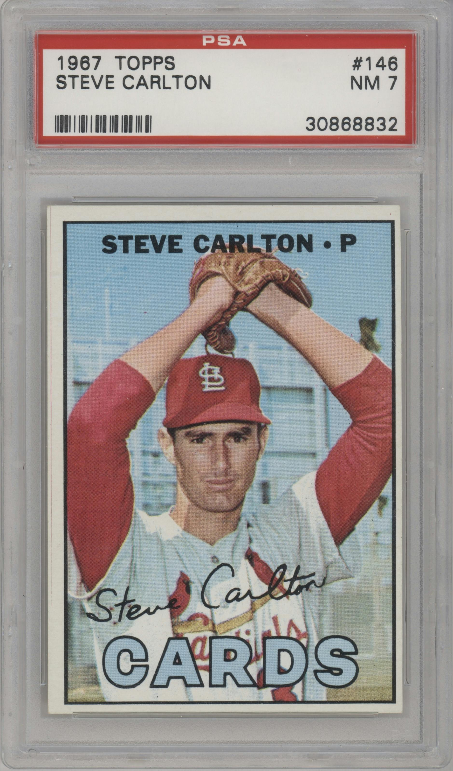 Steve Carlton from the 1967 Topps set graded by PSA and given an overall grade of 7.