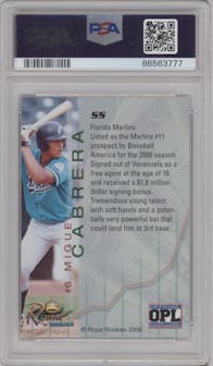 Miguel Cabrera from the 2000 Royal Rookies Futures set graded by PSA and given an overall grade of 8.
