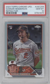 Gunnar Henderson from the 2023 Topps Chrome Update set featuring a Refractor parallel graded by PSA and given an overall grade of 10.