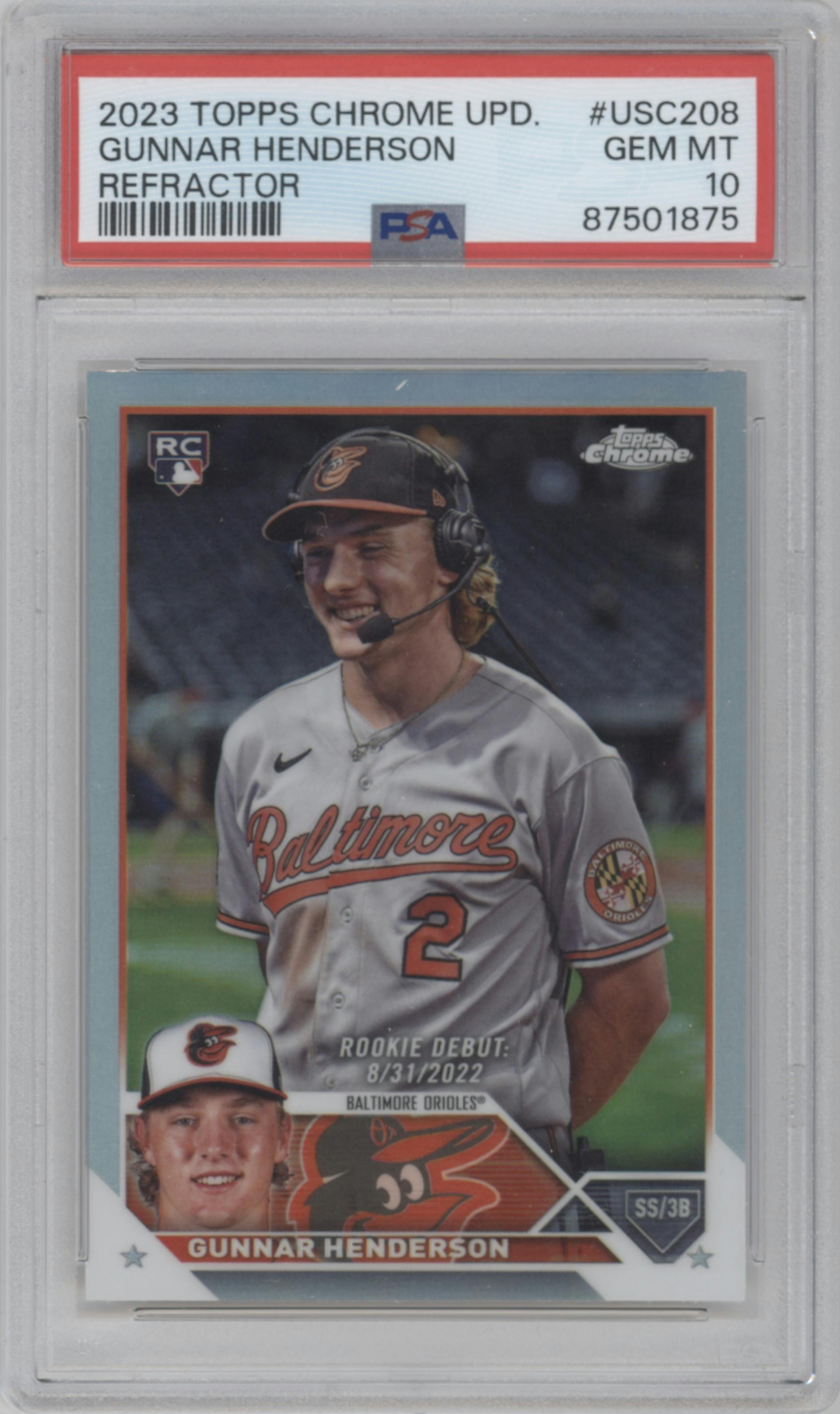 Gunnar Henderson from the 2023 Topps Chrome Update set featuring a Refractor parallel graded by PSA and given an overall grade of 10.