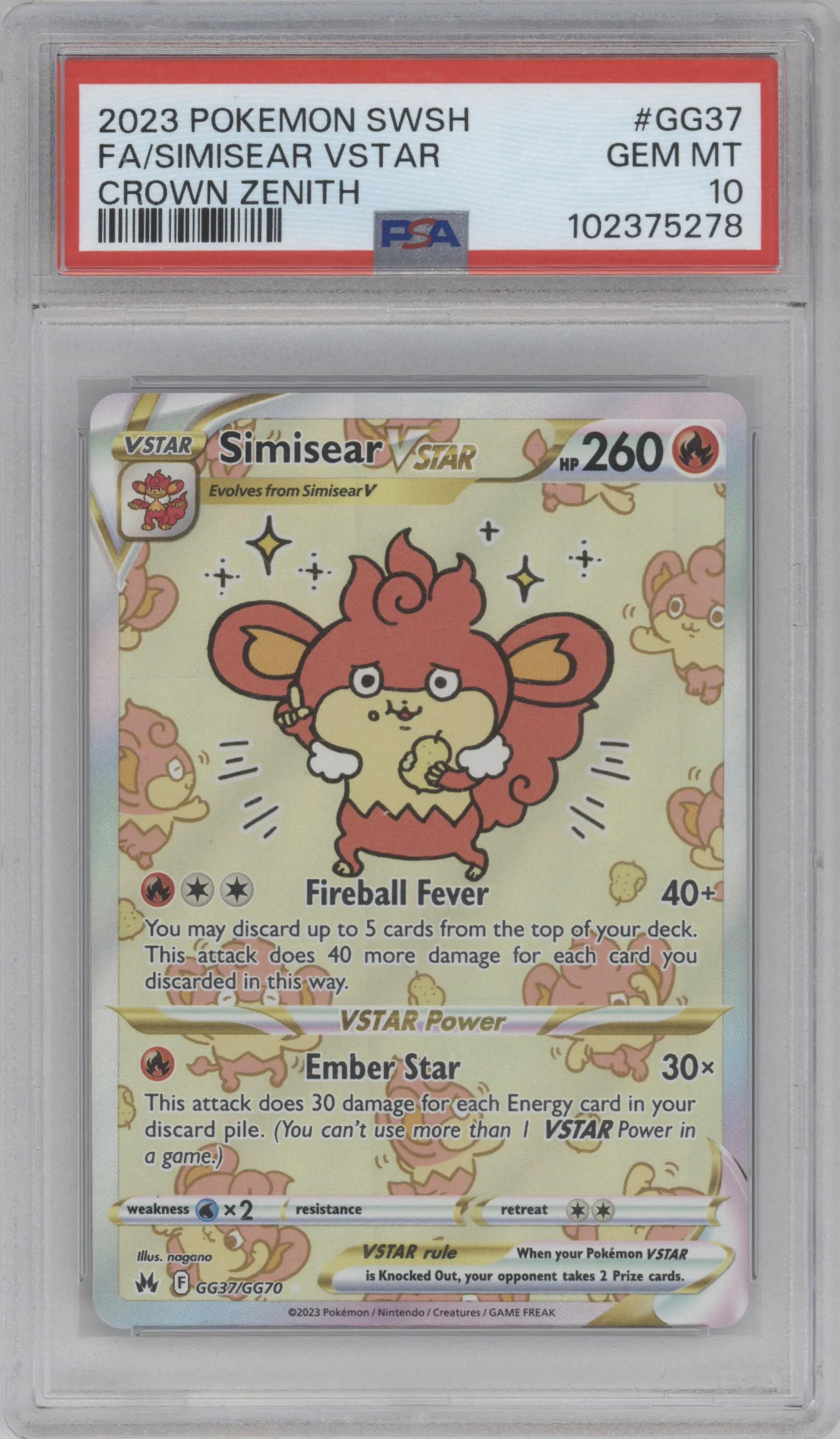 2023 Pokemon SWSH Crown Zenith GG Simisear VSTAR PSA 10