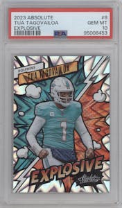 Tua Tagovailoa from the 2023 Panini Absolute set graded by PSA and given an overall grade of 10.