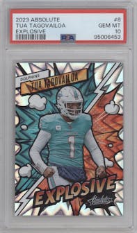 Tua Tagovailoa from the 2023 Panini Absolute set graded by PSA and given an overall grade of 10.