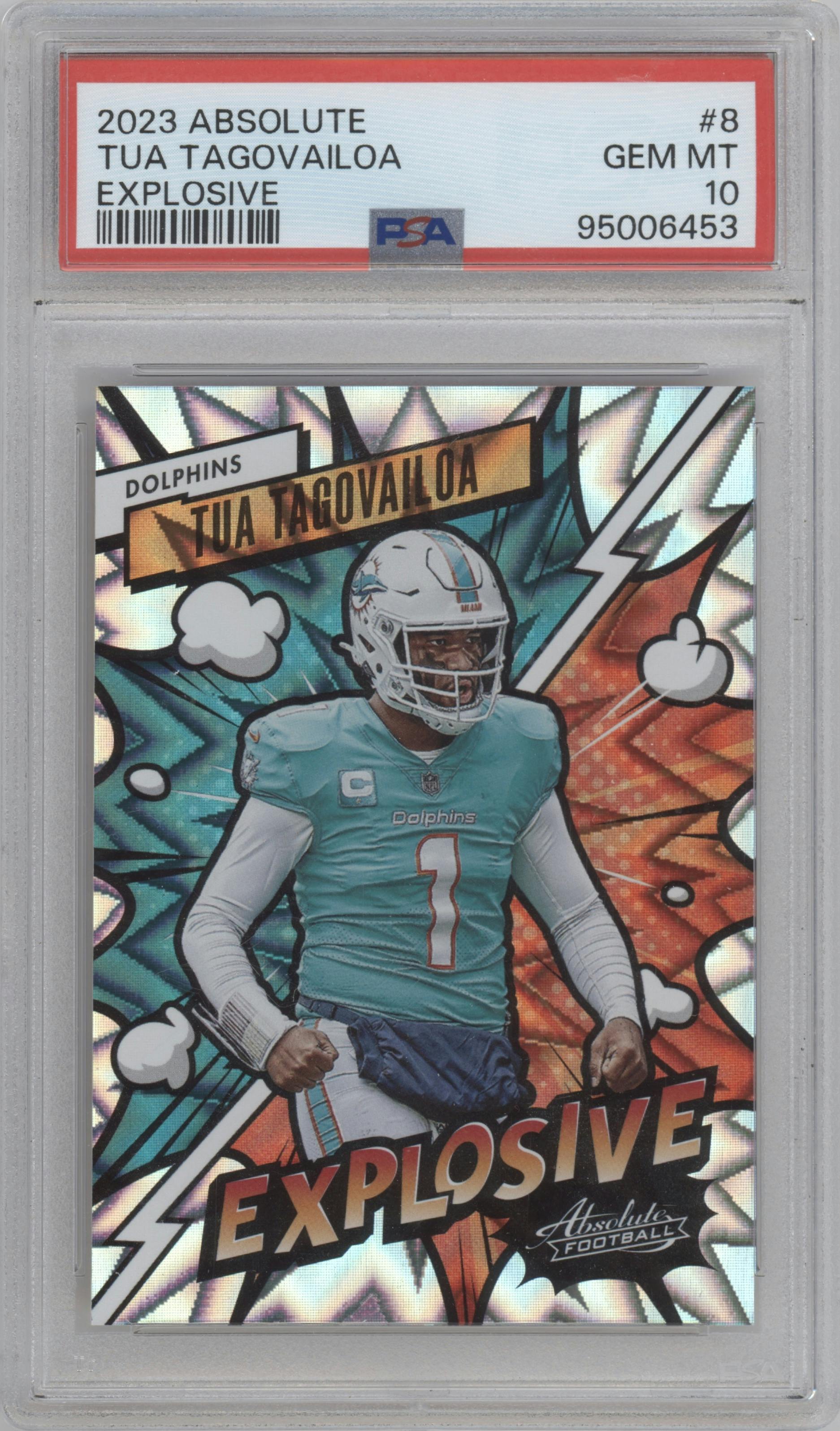 Tua Tagovailoa from the 2023 Panini Absolute set graded by PSA and given an overall grade of 10.